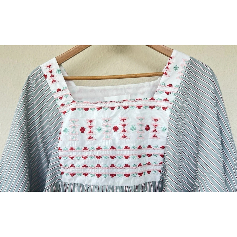 POMANDER PLACE Sage Stripe Embroidered Sadona Mini Dress Medium Cottage Prairie - Picture 6 of 11